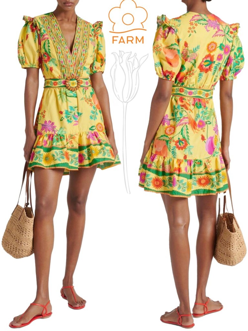 Farm Rio Delicate Fruit Garden Yellow Mini Dress MISSING BELT
